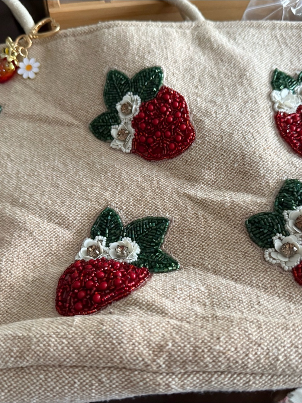 Strawberry beaded bag, with bag charm